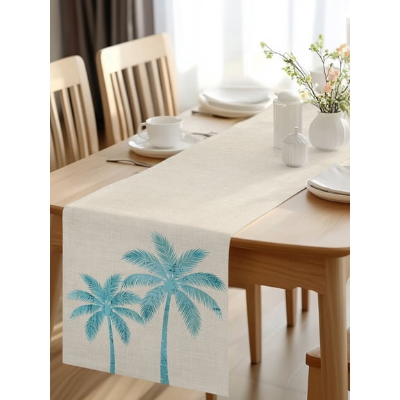 Burlap Table Runner 48 Inches Long, Teal Palm Tree Silhouette on Linen Non-Slip Kitchen Table Runners for Dining Room Everyday Use Party Table Decorations Tropical Coastal Trees