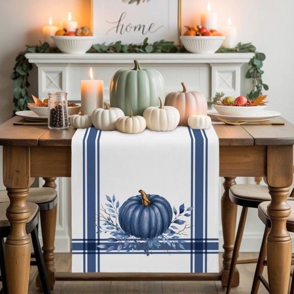 Burlap Table Runner 48 Inches Long, Thanksgiving Fall Pumpkins Non-Slip Kitchen Table Runners for Dining Room Everyday Use Party Table Decorations Blue Geometric Striped