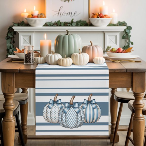 Burlap Table Runner 48 Inches Long, Thanksgiving Polka Dot Pumpkin Non-Slip Kitchen Table Runners for Dining Room Everyday Use Party Table Decorations Blue Geometric Striped