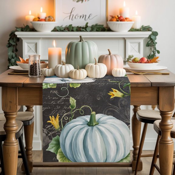 Burlap Table Runner 48 Inches Long, Thanksgiving Pumpkin on Blackboard Non-Slip Kitchen Table Runners for Dining Room Everyday Use Party Table Decorations Abstract Country Plant