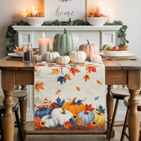 Burlap Table Runner 48 Inches Long, Thanksgiving Pumpkin Fall Maple Leaf Orange Non-Slip Kitchen Table Runners for Dining Room Everyday Use Party Table Decorations Squirrel Boho Stripe