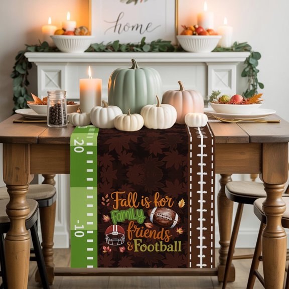 Burlap Table Runner 48 Inches Long, Thanksgiving Rugby Helmet Non-Slip Kitchen Table Runners for Dining Room Everyday Use Party Table Decorations Fall Maple Leaf Brown Green Theme