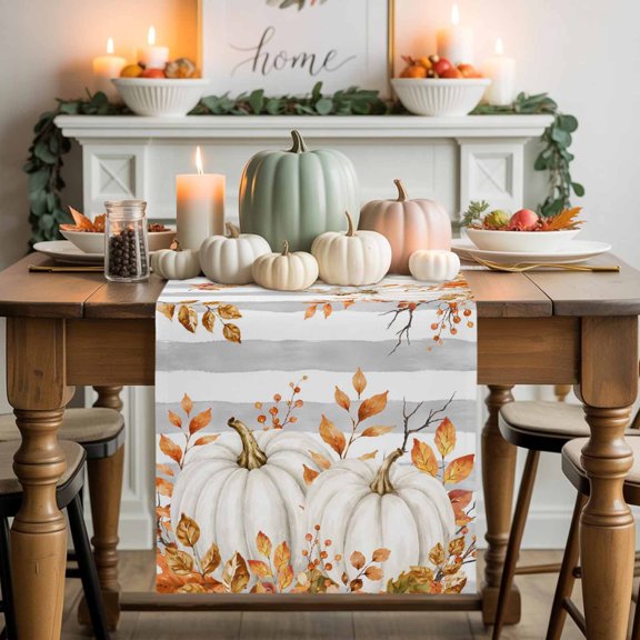Burlap Table Runner 48 Inches Long, Thanksgiving White Pumpkins Leaf Non-Slip Kitchen Table Runners for Dining Room Everyday Use Party Table Decorations Gray Striped Background