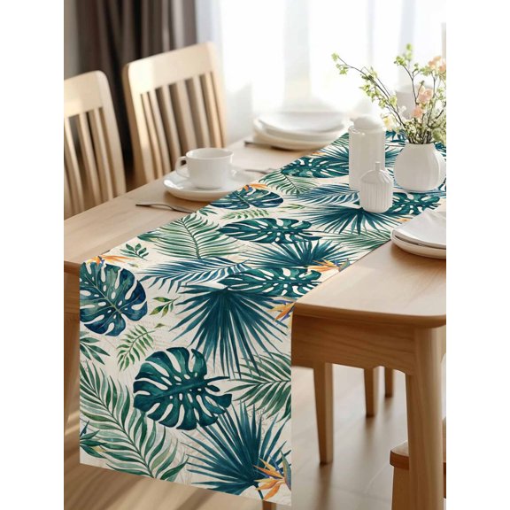 Burlap Table Runner 48 Inches Long, Tropical Green Leaves Botanical Non-Slip Kitchen Table Runners for Dining Room Everyday Use Party Table Decorations Summer Monstera Palm Leaf