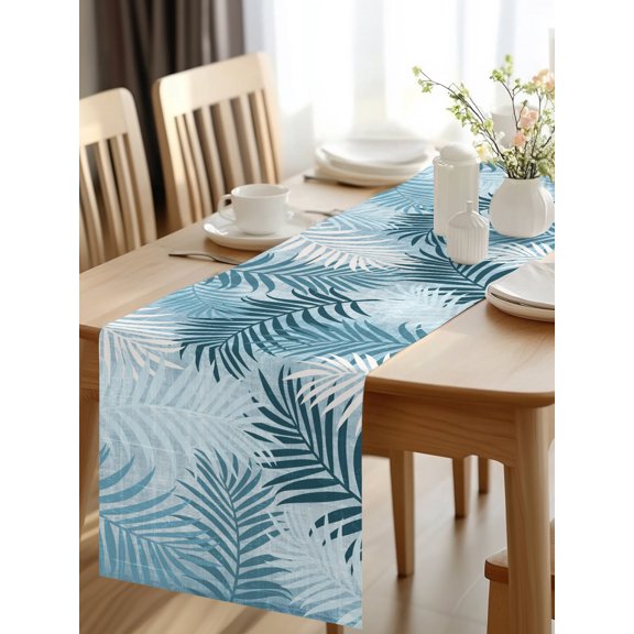 Burlap Table Runner 48 Inches Long, Tropical Palm Leaves Non-Slip Kitchen Table Runners for Dining Room Everyday Use Party Table Decorations Blue Coastal Botanical