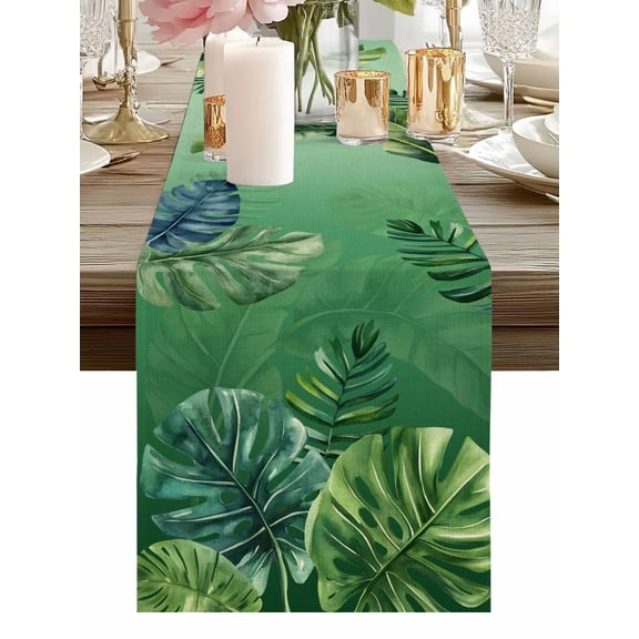 Burlap Table Runner 48 Inches Long, Tropical Plants Green Banana Leaves Non-Slip Kitchen Table Runners for Dining Room Everyday Use Party Table Decorations Summer Jungle