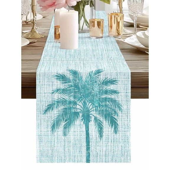 Burlap Table Runner 48 Inches Long, Tropical Teal Palm Tree Silhouette Non-Slip Kitchen Table Runners for Dining Room Everyday Use Party Table Decorations Watercolor Plant Burlap