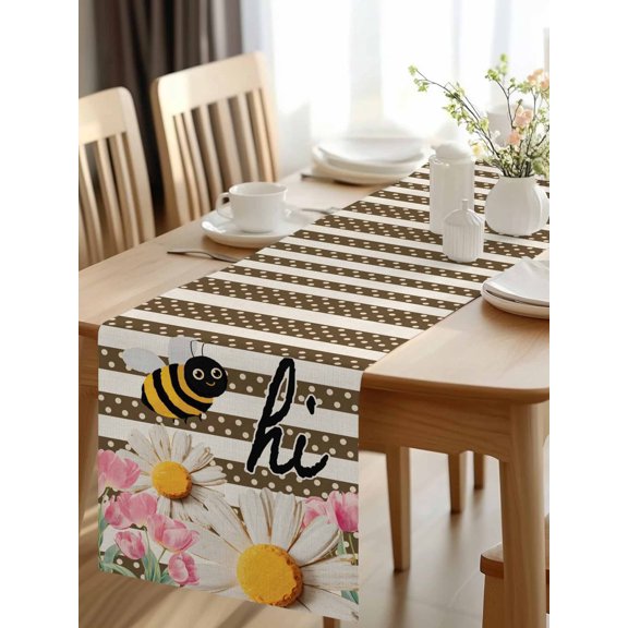 Burlap Table Runner 48 Inches Long, Vintage Daisy Pink Tulips Leaves Bees Non-Slip Kitchen Table Runners for Dining Room Everyday Use Party Table Decorations Polka Dots Stripes