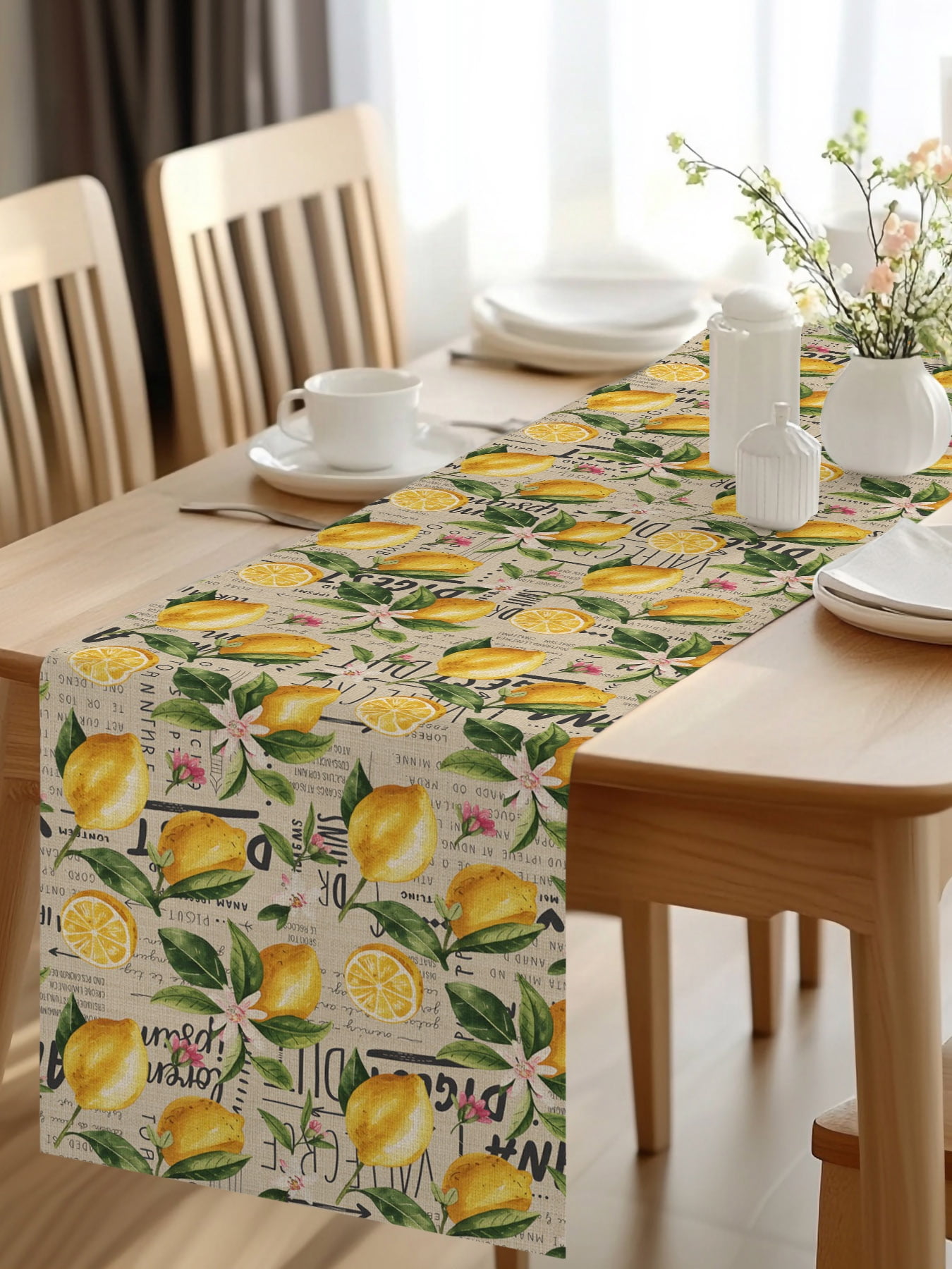 Burlap Table Runner 48 Inches Long, Vintage Lemon Summer Leaves Non ...