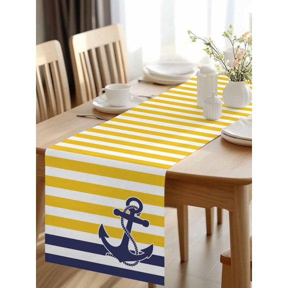 Burlap Table Runner 48 Inches Long, Vintage Navigation Anchor Non-Slip Kitchen Table Runners for Dining Room Everyday Use Party Table Decorations Country Yellow Blue Striped