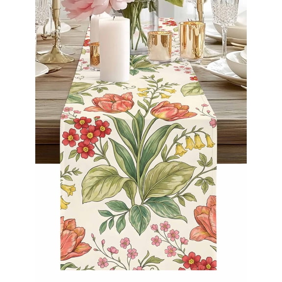 Burlap Table Runner 48 Inches Long, Vintage Tulips Red Daisies Non-Slip Kitchen Table Runners for Dining Room Everyday Use Party Table Decorations Yellow Blooms Floral Pattern