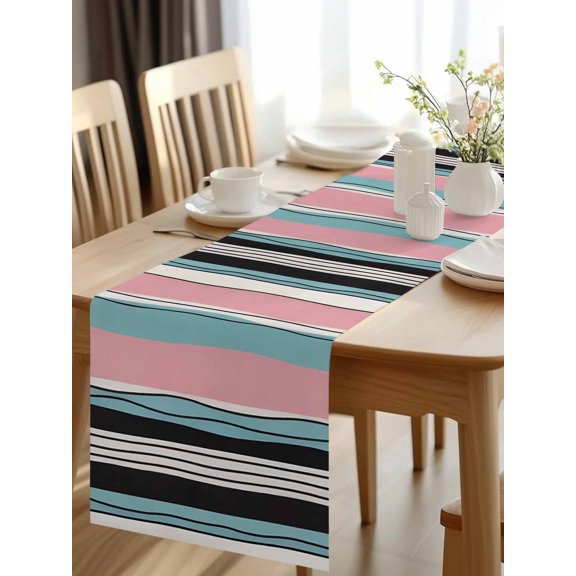 Burlap Table Runner 48 Inches Long, Watercolor Bending Stripes Non-Slip Kitchen Table Runners for Dining Room Everyday Use Party Table Decorations Pink Blue Lines