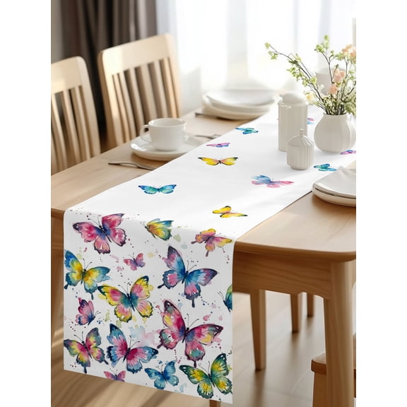 Burlap Table Runner 48 Inches Long, Watercolor Butterfly Non-Slip Kitchen Table Runners for Dining Room Everyday Use Party Table Decorations Spring Colorful Butterflies