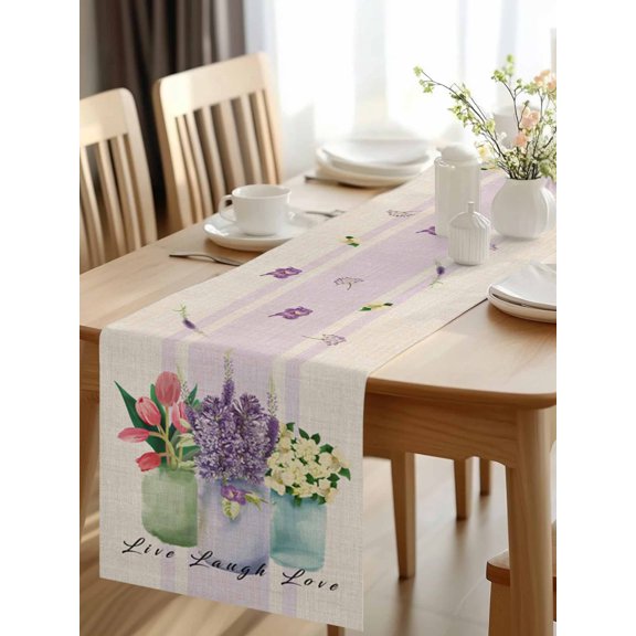 Burlap Table Runner 48 Inches Long, Watercolor Elegant Blossoms Tulip Flower Non-Slip Kitchen Table Runners for Dining Room Everyday Use Party Table Decorations Purple Stripe Linen Texture