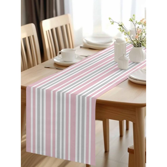 Burlap Table Runner 48 Inches Long, Watercolor Pink Grey Striped Non-Slip Kitchen Table Runners for Dining Room Everyday Use Party Table Decorations Abstract Contrasting Lines