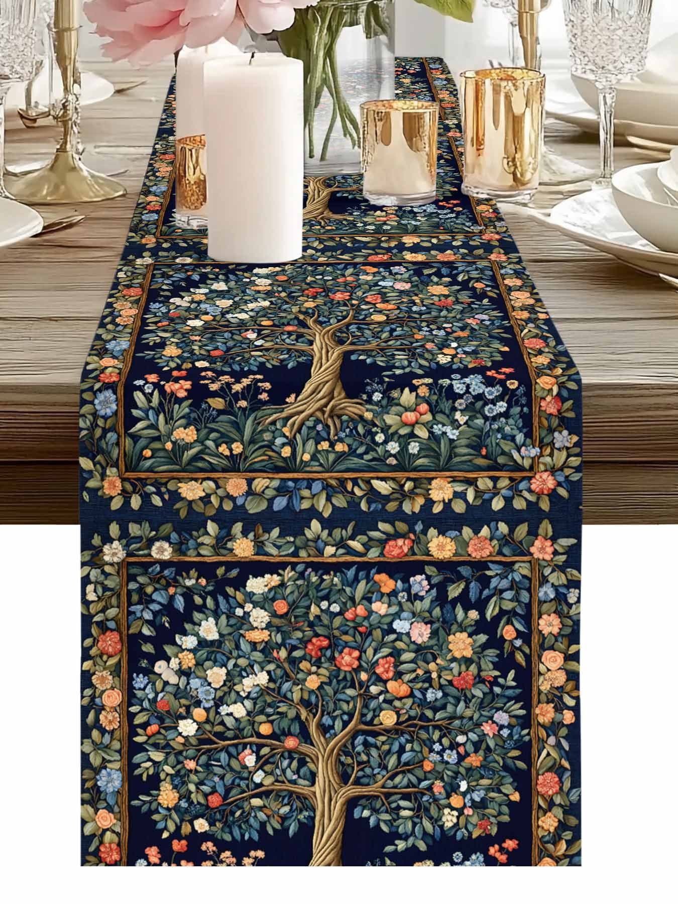 Table Runner Examples Burlap Table Runner 48 Inches Long, Watercolor Retro Trees Flowers Non ...