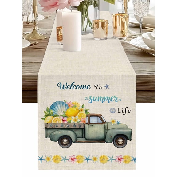 Burlap Table Runner 48 Inches Long, Welcome to Summer Life Words on Linen Non-Slip Kitchen Table Runners for Dining Room Everyday Use Party Table Decorations Starfish Flowers