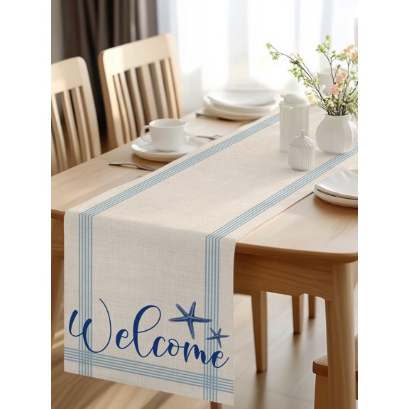 Burlap Table Runner 48 Inches Long, Welcome Word on Stripe Non-Slip Kitchen Table Runners for Dining Room Everyday Use Party Table Decorations Seaside Blue Starfish Line Stripes