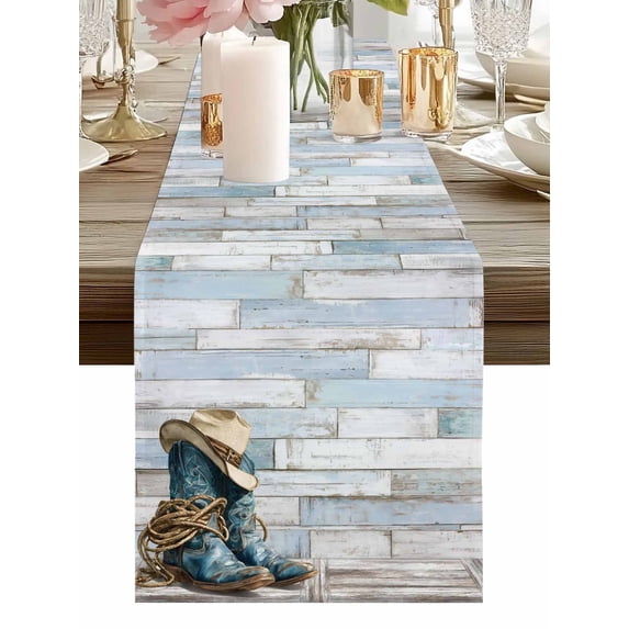 Burlap Table Runner 48 Inches Long, Western Cowboy Boots Hat Non-Slip Kitchen Table Runners for Dining Room Everyday Use Party Table Decorations Vintage Blue Wooden Board