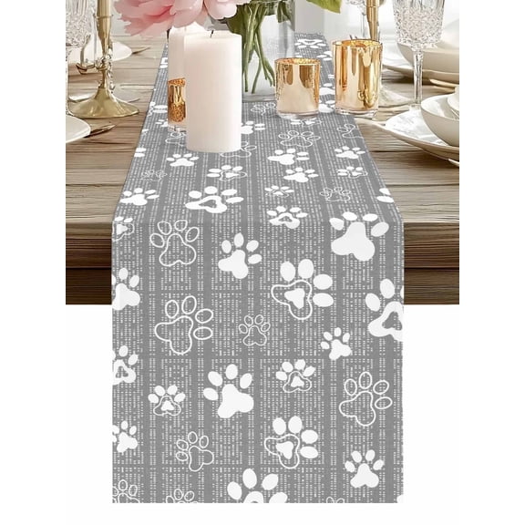 Burlap Table Runner 48 Inches Long, White Dog Paw Claws Non-Slip Kitchen Table Runners for Dining Room Everyday Use Party Table Decorations Gray Striped Background