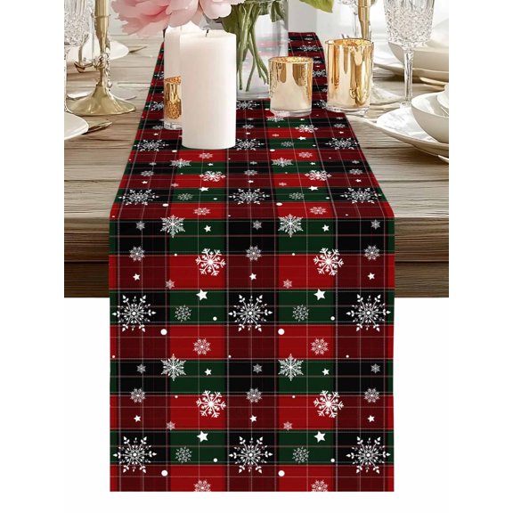 Burlap Table Runner 48 Inches Long, Winter Snowflake on Buffalo Non-Slip Kitchen Table Runners for Dining Room Everyday Use Party Table Decorations Snowy Christmas Classic Checker