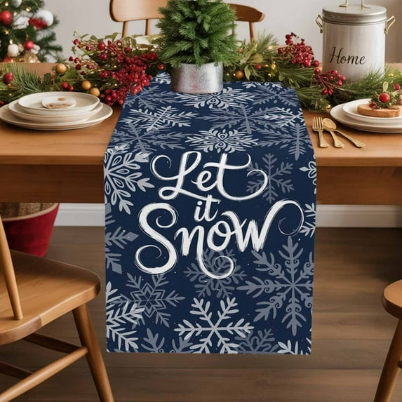 Burlap Table Runner 48 Inches Long,Winter Xmas Snowflake Texts Non-Slip Kitchen Table Runners for Dining Room Everyday Use Party Table Decorations Geometric Christmas