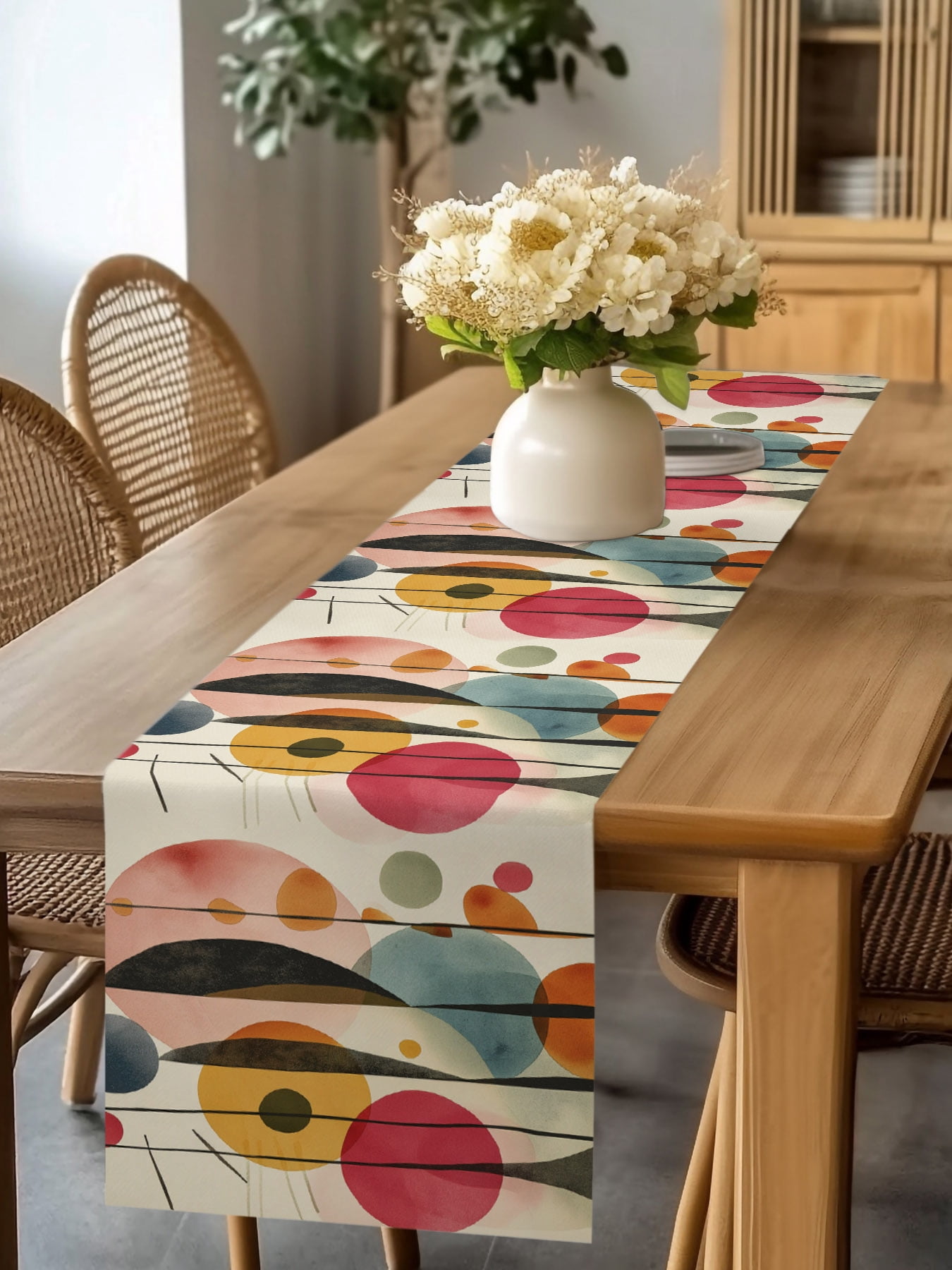 Burlap Table Runner 60 Inches Long, Abstract Circle Stripe Color Block ...
