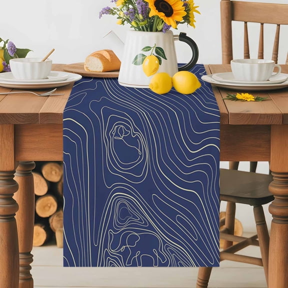 Burlap Table Runner 60 Inches Long, Abstract Topographic Lines Grid Non-Slip Kitchen Table Runners for Dining Room Everyday Use Party Table Decorations Geometric Art on Dark Blue