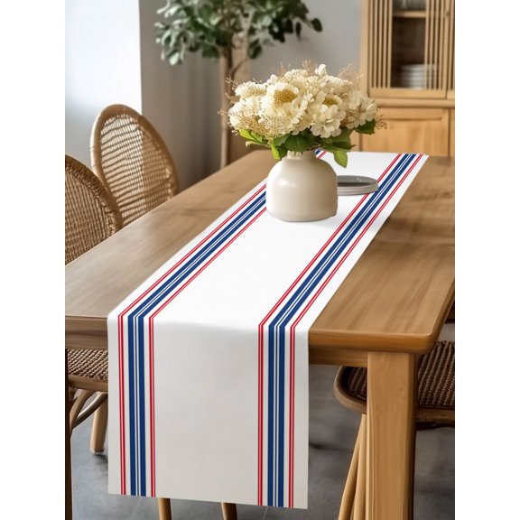 Burlap Table Runner 60 Inches Long, American Independence Day Non-Slip Kitchen Table Runners for Dining Room Everyday Use Party Table Decorations Blue Red White Stripes