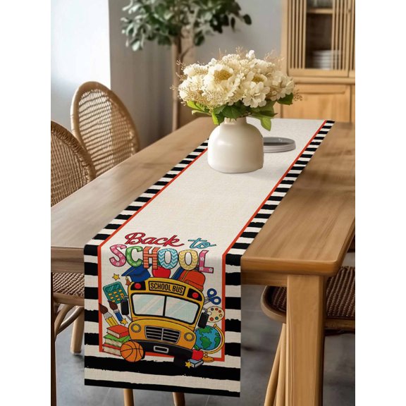 Burlap Table Runner 60 Inches Long, Back To School Bus Book Brush Non-Slip Kitchen Table Runners for Dining Room Everyday Use Party Table Decorations Basketball Black Stripe Flax