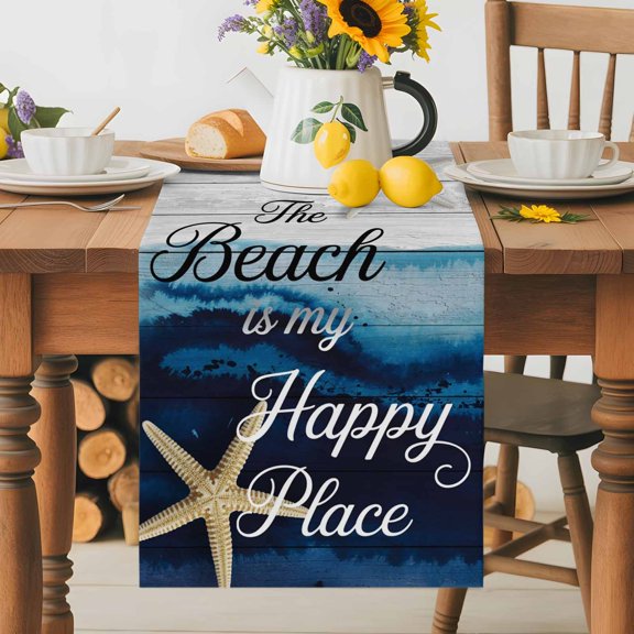 Burlap Table Runner 60 Inches Long, Beach Is Happy Place Words Non-Slip Kitchen Table Runners for Dining Room Everyday Use Party Table Decorations Sea Starfish on Wood