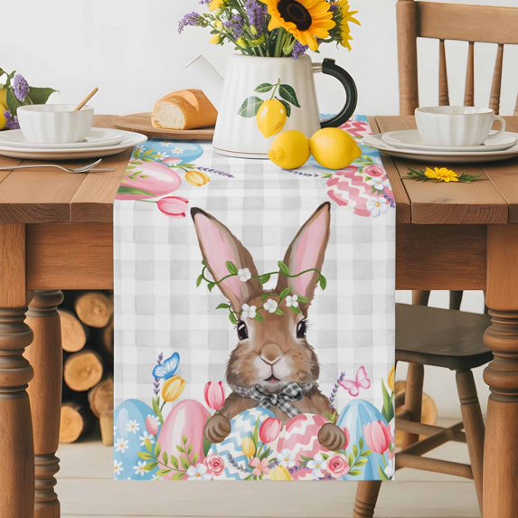 Burlap Table Runner 60 Inches Long, Cute Easter Brown Bunny Non-Slip Kitchen Table Runners for Dining Room Everyday Use Party Table Decorations Pink Flowers Tulips Eggs