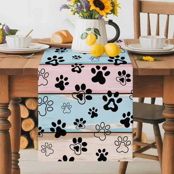 Burlap Table Runner 60 Inches Long, Dog Paw Farm Colorful Wood Board Non-Slip Kitchen Table Runners for Dining Room Everyday Use Party Table Decorations Funny Animal Footprint
