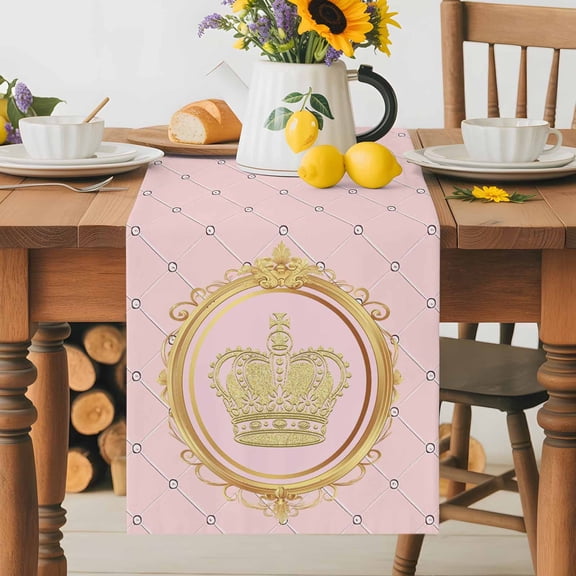 Burlap Table Runner 60 Inches Long, Golden Crown Queen Pink Lattice Non-Slip Kitchen Table Runners for Dining Room Everyday Use Party Table Decorations White Dot