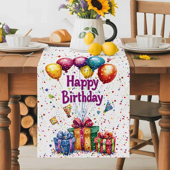 Burlap Table Runner 60 Inches Long, Happy Birthday Gifts Balloon Non-Slip Kitchen Table Runners for Dining Room Everyday Use Party Table Decorations Firework Celebration