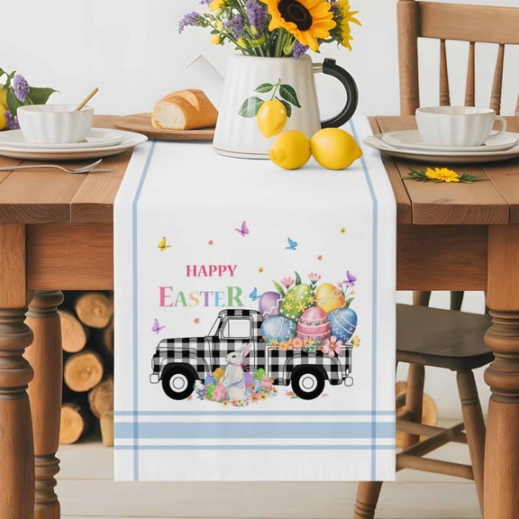 Burlap Table Runner 60 Inches Long, Happy Easter Words Bunny Eggs Non-Slip Kitchen Table Runners for Dining Room Everyday Use Party Table Decorations Black Plaid Truck Butterfly