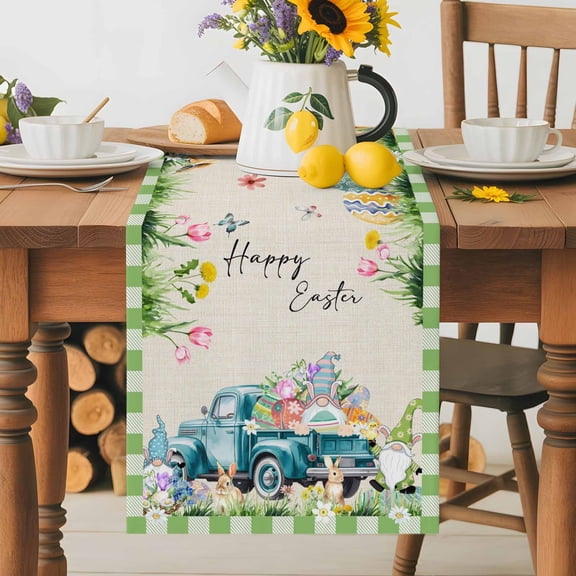 Burlap Table Runner 60 Inches Long, Happy Easter Words on Linen Non-Slip Kitchen Table Runners for Dining Room Everyday Use Party Table Decorations Rabbits Eggs Butterfly
