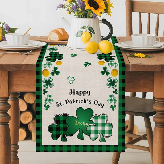 Burlap Table Runner 60 Inches Long, Happy St.Patrick Lucky Shamrock Leaf Non-Slip Kitchen Table Runners for Dining Room Everyday Use Party Table Decorations Green Checker and Flax Cotton