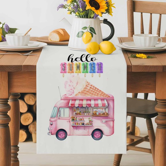 Burlap Table Runner 60 Inches Long, Hello Summer Ice Lolly Truck Non-Slip Kitchen Table Runners for Dining Room Everyday Use Party Table Decorations Watercolor Sweet Dessert