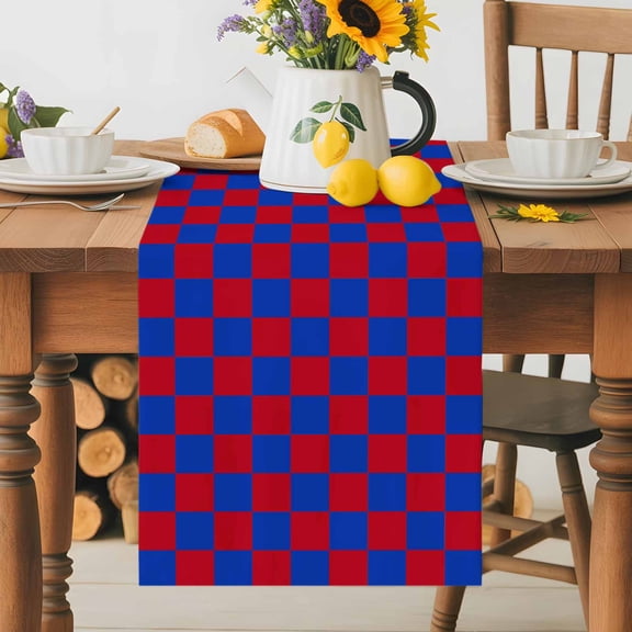 Burlap Table Runner 60 Inches Long, Independence Day Blue Red Buffalo Plaid Non-Slip Kitchen Table Runners for Dining Room Everyday Use Party Table Decorations Gingham Check