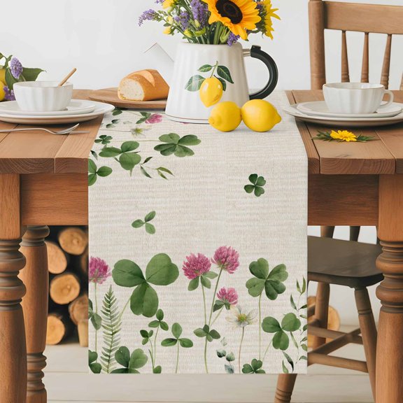 Burlap Table Runner 60 Inches Long, Irish Shamrock Floral St. Patrick's Day Non-Slip Kitchen Table Runners for Dining Room Everyday Use Party Table Decorations Spring Flower Clovers