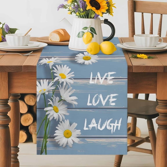 Burlap Table Runner 60 Inches Long, Live Love Laugh Words on Wood Non-Slip Kitchen Table Runners for Dining Room Everyday Use Party Table Decorations Country Flowers Daisy