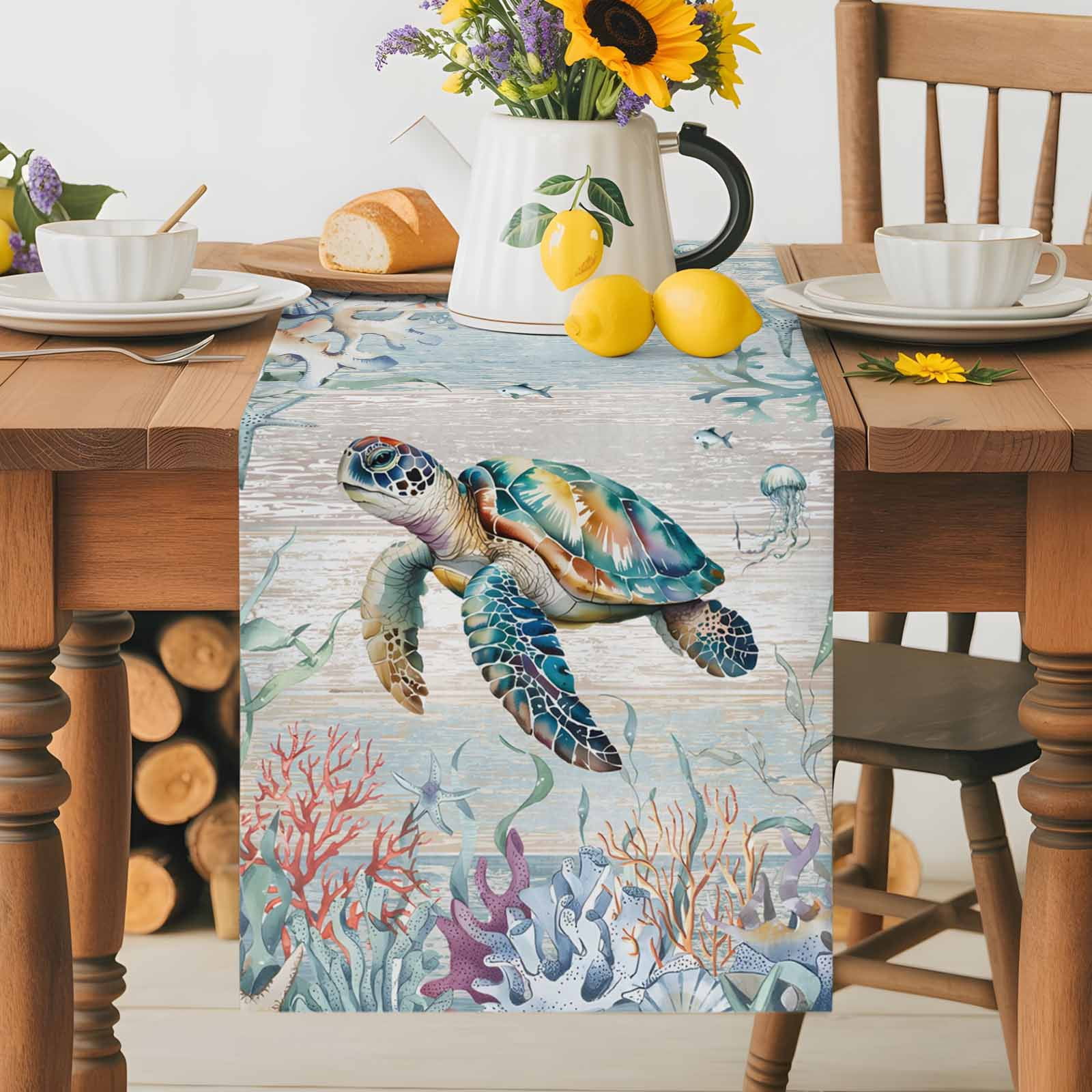 Burlap Table Runner 60 Inches Long, Marine Life Sea Turtles Non-Slip ...
