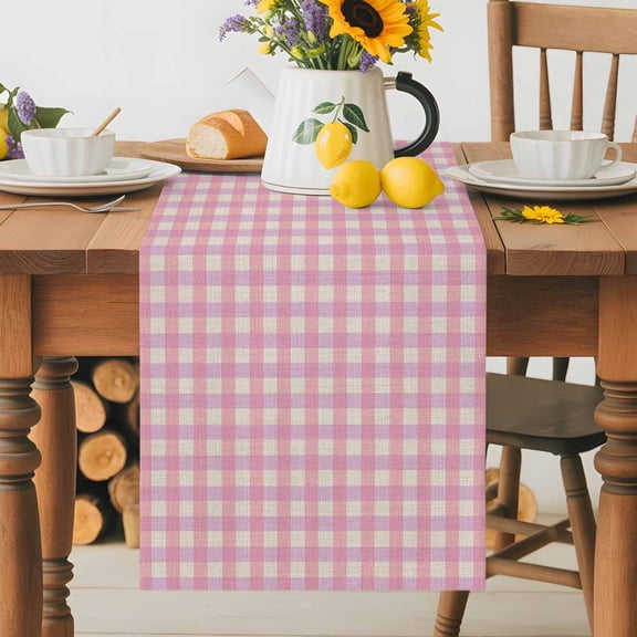 Burlap Table Runner 60 Inches Long, Pink Gingham on Linen Non-Slip Kitchen Table Runners for Dining Room Everyday Use Party Table Decorations Modern Plaid Lattice