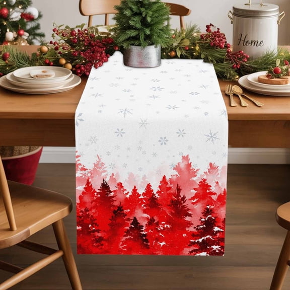 Burlap Table Runner 60 Inches Long,Red Christmas Tree Golden Winter Snowflakes Non-Slip Kitchen Table Runners for Dining Room Everyday Use Party Table Decorations Gradient Forest on White