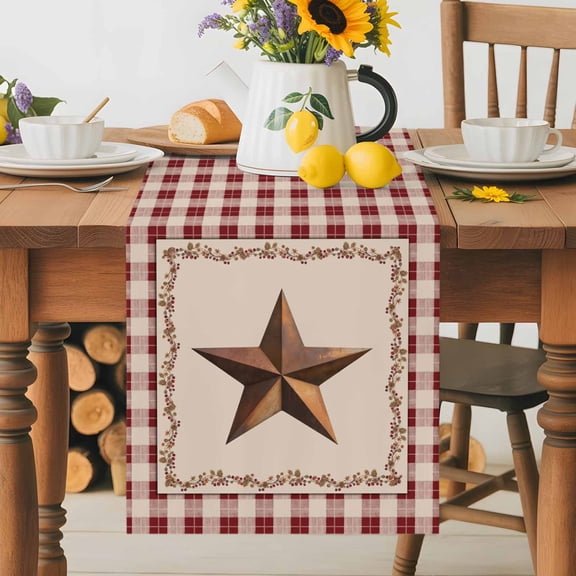 Burlap Table Runner 60 Inches Long, Rustic Western Star Berry Lace Non-Slip Kitchen Table Runners for Dining Room Everyday Use Party Table Decorations Retro Bufflo Red Checkered Edge
