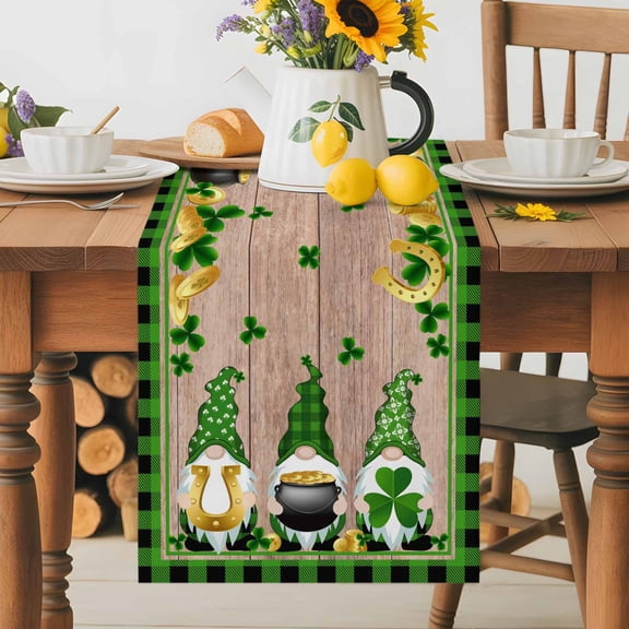 Burlap Table Runner 60 Inches Long, Saint Patrick's Day Lovely Gnomes Non-Slip Kitchen Table Runners for Dining Room Everyday Use Party Table Decorations Farm Wood Plank Buffalo Check
