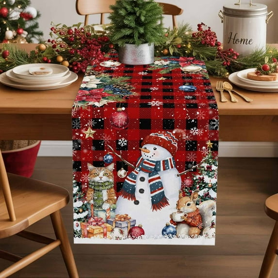 Burlap Table Runner 60 Inches Long,Snowman Christmas Red Buffalo Plaid Non-Slip Kitchen Table Runners for Dining Room Everyday Use Party Table Decorations Xmas Tree Poinsettia Snowflake