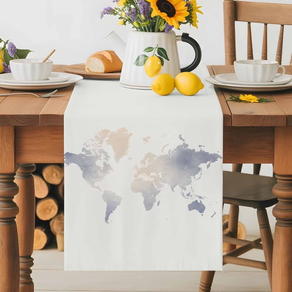 Burlap Table Runner 60 Inches Long, Soft Watercolor World Map Non-Slip Kitchen Table Runners for Dining Room Everyday Use Party Table Decorations Minimalist Travel Art Print