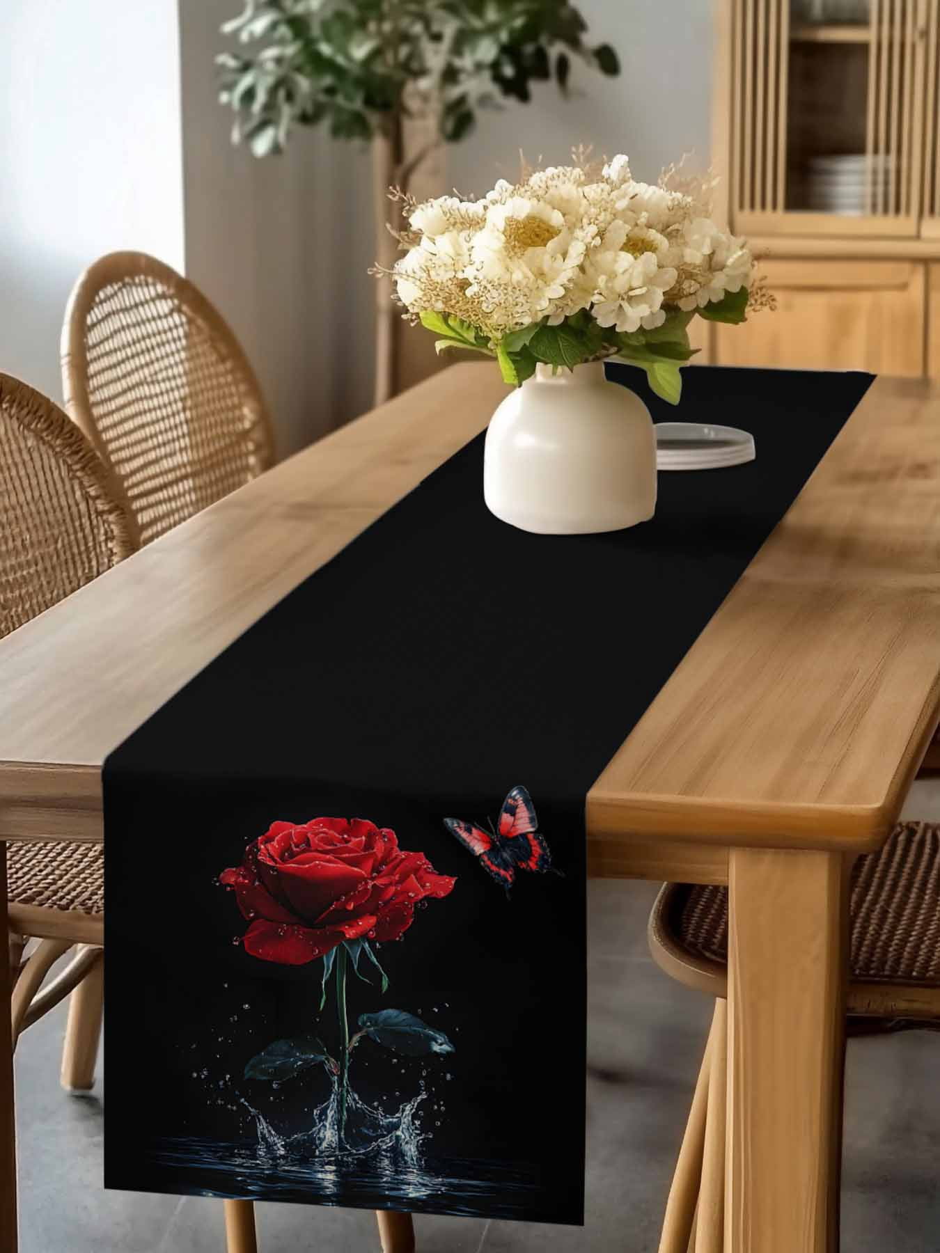 Burlap Table Runner 60 Inches Long, Splash Drop Red Rose Butterfly on ...